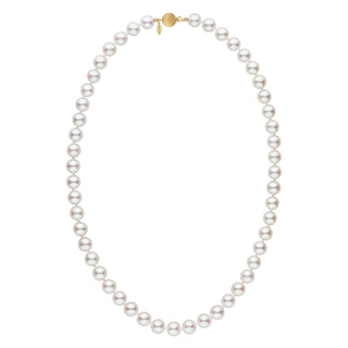 8.0-8.5 mm 18 inch White Hanadama Akoya Pearl Necklace featuring lustrous white akoya pearls with a gold clasp, perfect for elegant and timeless style.
