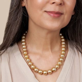 12.0-14.7 mm AA+/AAA Golden South Sea Round Pearl Necklace on model