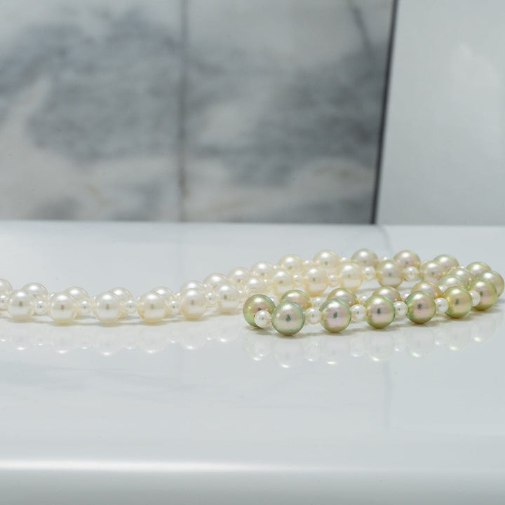 JF-12: 2.0-5.5 mm Pistachio Ombre Akoya Semi-Round Pearl Strand