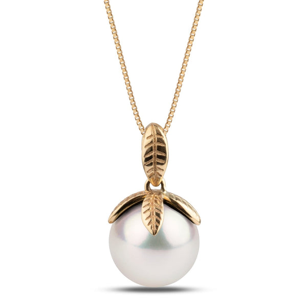 Leaf Collection 9.0-9.5 mm White Akoya Pearl Pendant featuring a lustrous white akoya pearl accented with delicate gold leaf-shaped accents on a fine gold chain.