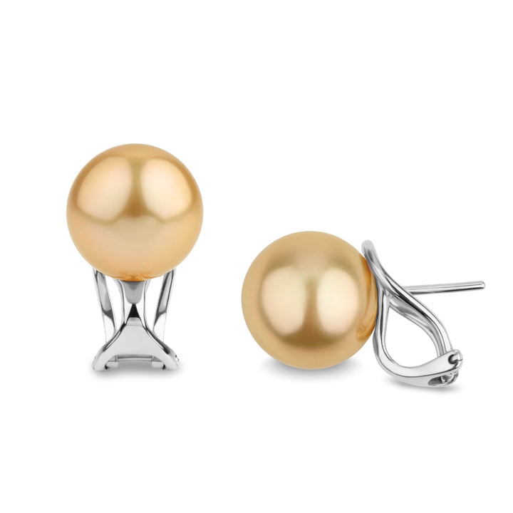 10.0-11.0 mm Golden South Sea Pearl Hinge-Back Stud Earrings featuring lustrous golden pearls set on elegant white metal hinge-back posts for secure and comfortable wear.