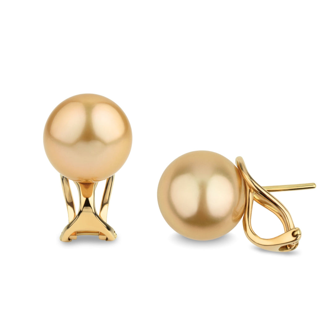 10.0-11.0 mm Golden South Sea Pearl Hinge-Back Stud Earrings featuring lustrous golden pearls set on polished gold hinge-back posts for secure and elegant wear.