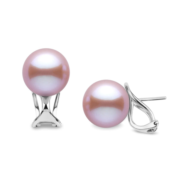 10.0-11.0 mm Lavender Freshadama Freshwater Pearl Hinge-Back Stud Earrings featuring lustrous lavender pearls set on polished 14K white gold hinge-back studs for secure, elegant wear.