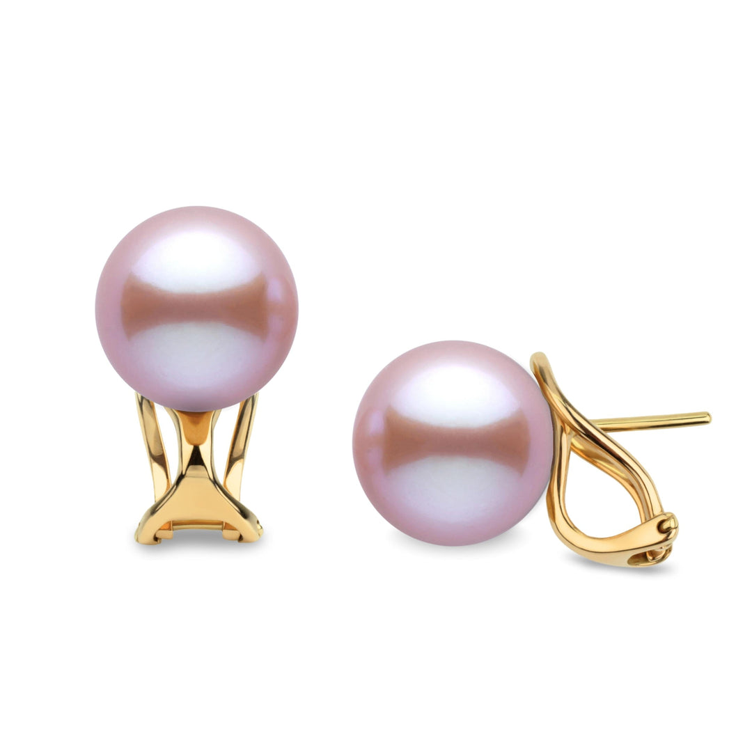 10.0-11.0 mm Lavender Freshadama Freshwater Pearl Hinge-Back Stud Earrings featuring lustrous lavender freshwater pearls set in elegant gold hinge-back stud design.