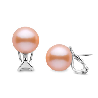 10.0-11.0 mm Pink to Peach Freshadama Freshwater Pearl Hinge-Back Stud Earrings with lustrous round pearls set on elegant 14K white gold hinge-back posts.