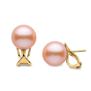 10.0-11.0 mm Pink to Peach Freshadama Freshwater Pearl Hinge-Back Stud Earrings featuring round pink to peach pearls set in polished gold hinge-back studs.