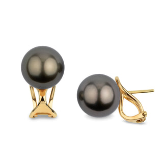 10.0-11.0 mm Tahitian Pearl Hinge-Back Stud Earrings featuring lustrous black Tahitian pearls set in elegant yellow gold hinge-back settings.
