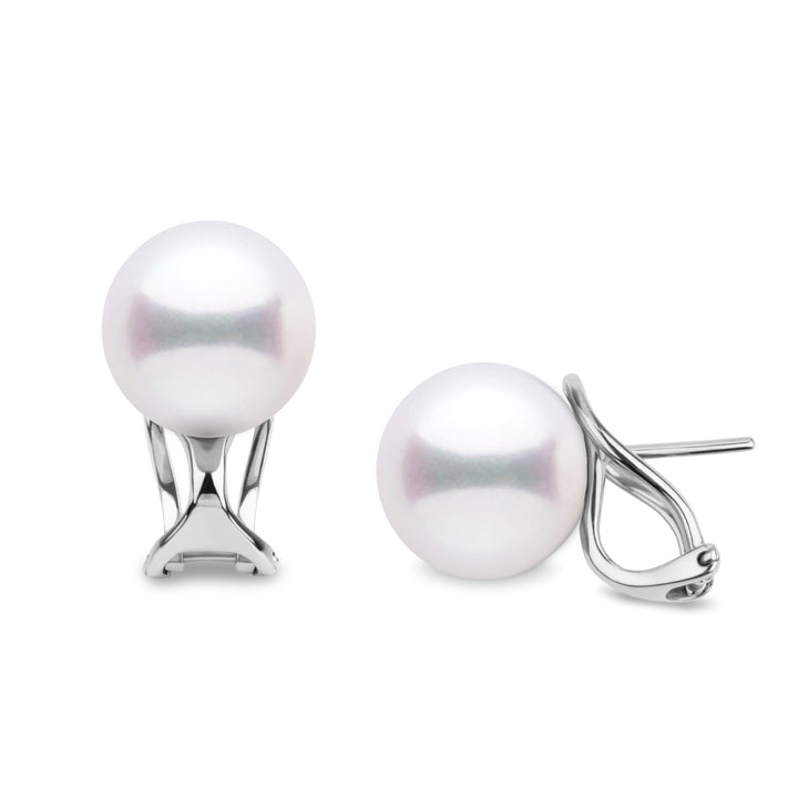 10.0-11.0 mm White Freshadama Freshwater Pearl Hinge-Back Stud Earrings featuring luminous white freshwater pearls with secure hinge-back clasps for elegant and timeless style.