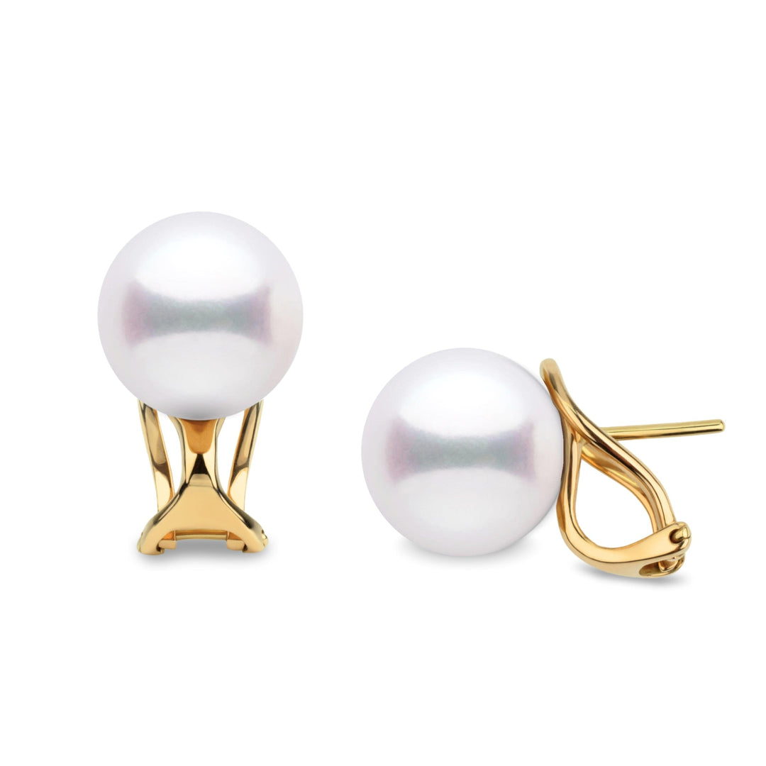10.0-11.0 mm White Freshadama Freshwater Pearl Hinge-Back Stud Earrings featuring lustrous white pearls set on elegant gold hinge-back studs, perfect for timeless sophistication.