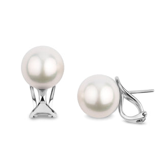 Pair of 10.0-11.0 mm white South Sea pearl hinge-back stud earrings set in polished white metal, showcasing smooth round pearls with secure clasp closures.