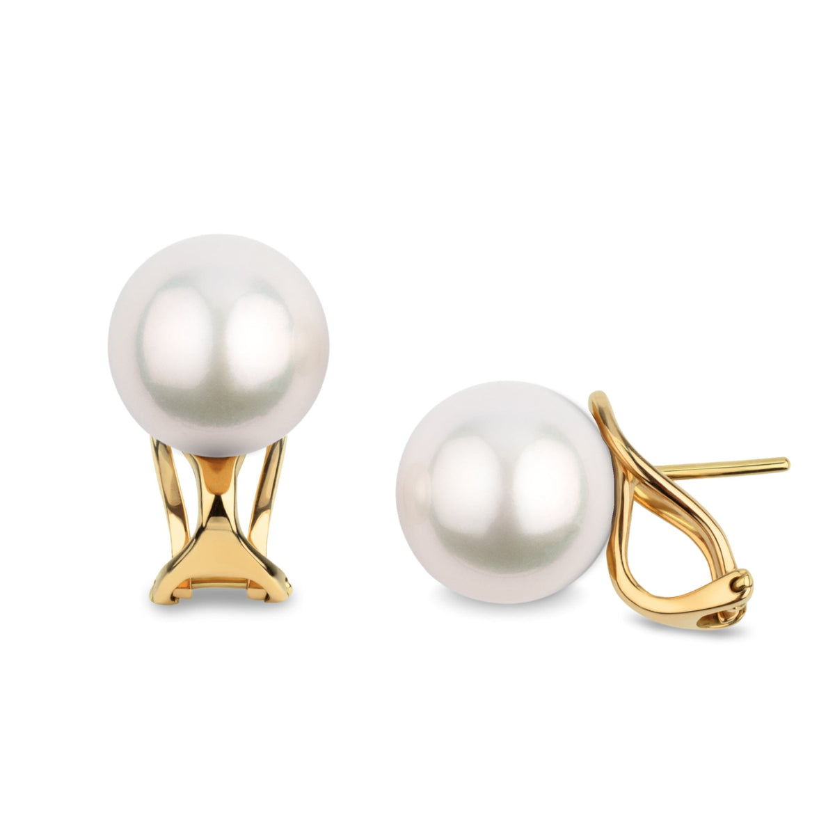 10.0-11.0 mm White South Sea Pearl Hinge-Back Stud Earrings with lustrous white pearls set on elegant yellow gold hinge-back posts, showcasing classic and refined style.