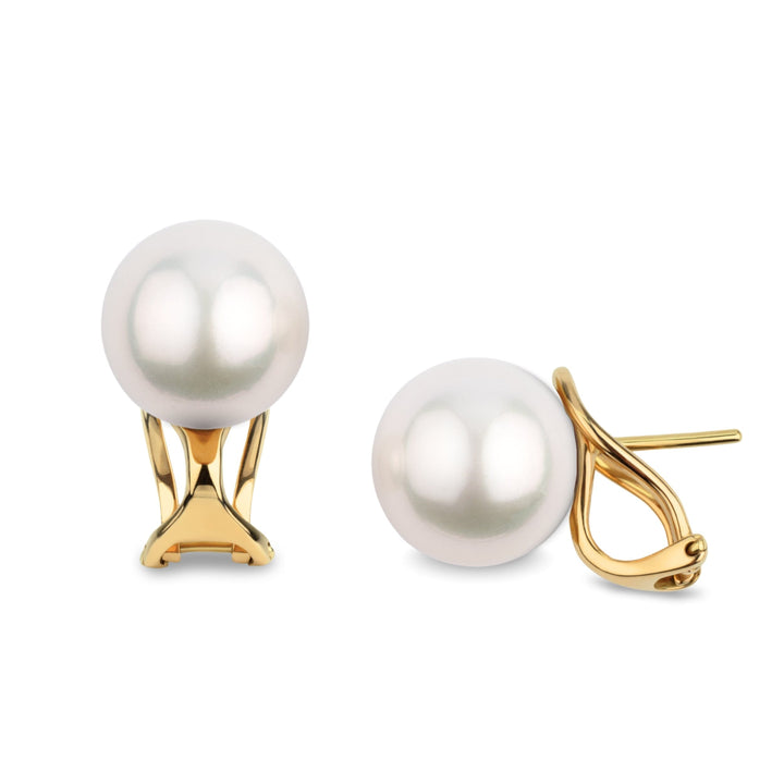10.0-11.0 mm White South Sea Pearl Hinge-Back Stud Earrings with lustrous white pearls set on elegant yellow gold hinge-back posts, showcasing classic and refined style.