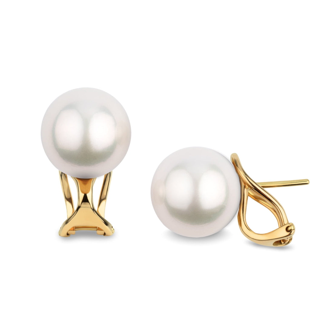 11.0-12.0 mm White South Sea Pearl Hinge-Back Stud Earrings featuring large luminous white pearls set on elegant yellow gold hinge-back posts.