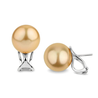 12.0-13.0 mm Golden South Sea Pearl Hinge-Back Stud Earrings featuring lustrous golden pearls set on secure white metal hinge-back studs for elegant daily wear.