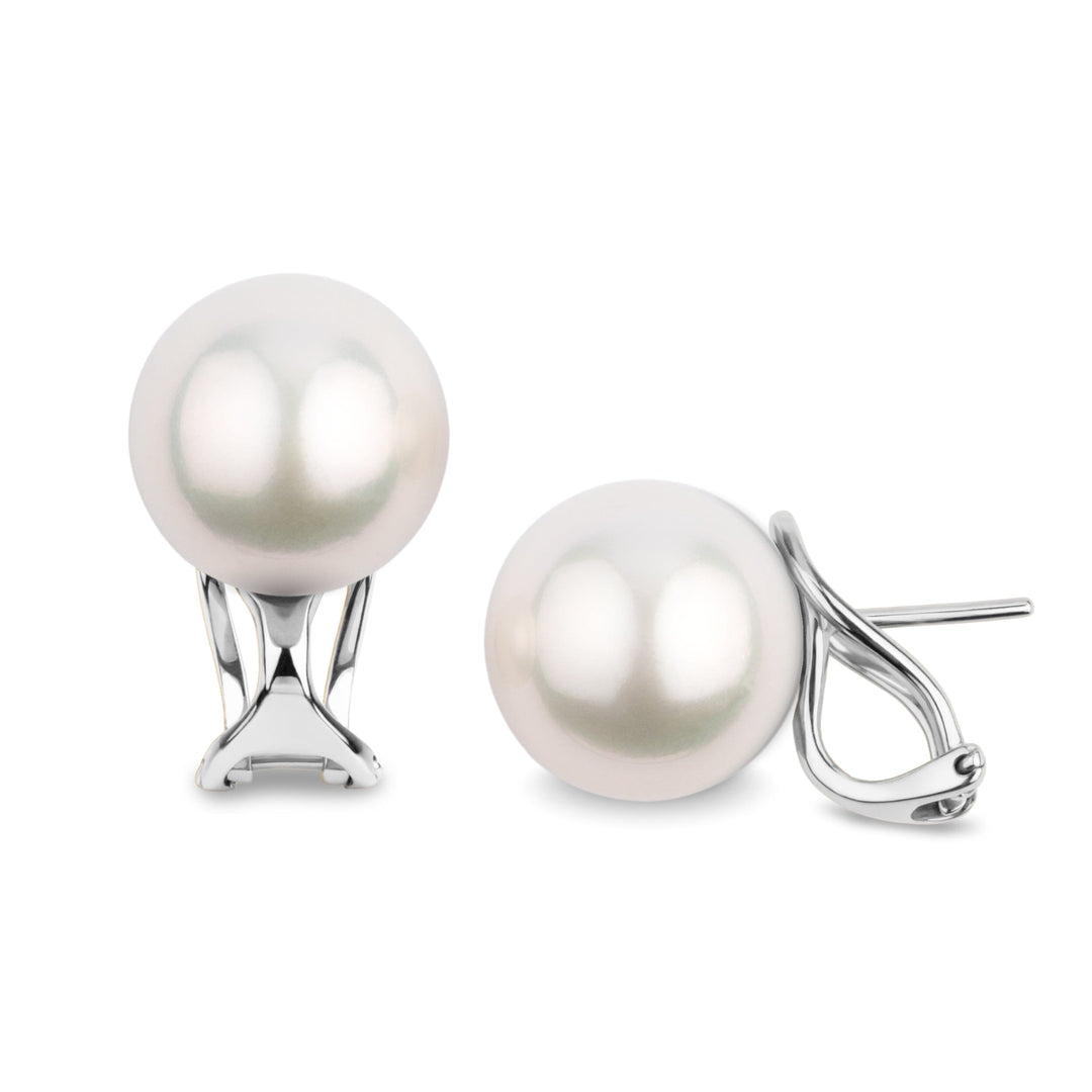 12.0-13.0 mm White South Sea Pearl Hinge-Back Stud Earrings featuring large, lustrous white pearls set on secure polished metal hinge-back studs.