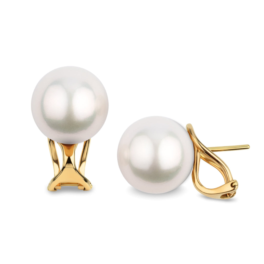 12.0-13.0 mm White South Sea Pearl Hinge-Back Stud Earrings featuring large white pearls set on elegant yellow gold hinge-back posts for secure and stylish wear.