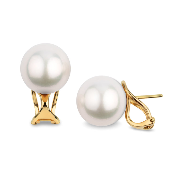 12.0-13.0 mm White South Sea Pearl Hinge-Back Stud Earrings featuring large white pearls set on elegant yellow gold hinge-back posts for secure and stylish wear.