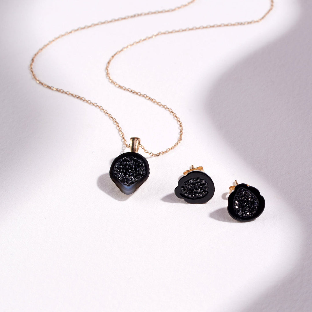 Tahitian Pearl Geode Stud Earrings & Pendant Set with Black Diamonds - little h jewelry