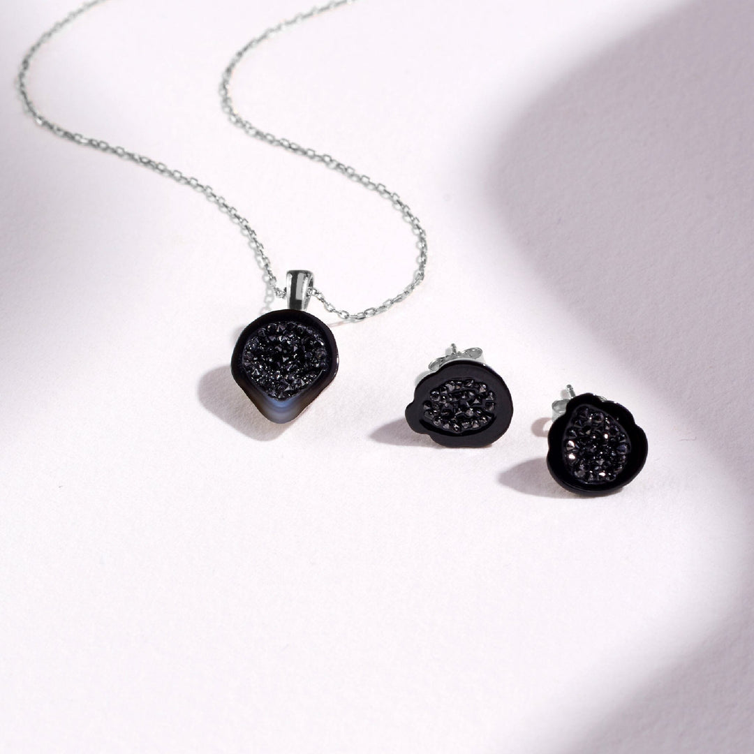 Tahitian Pearl Geode Stud Earrings & Pendant Set with Black Diamonds - little h jewelry
