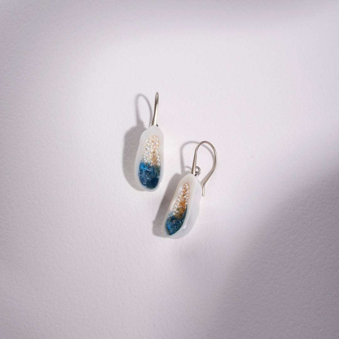 Freshwater Soufflé Pearl Geode Earrings with Blue Topaz & Seed Pearls - little h jewelry - B