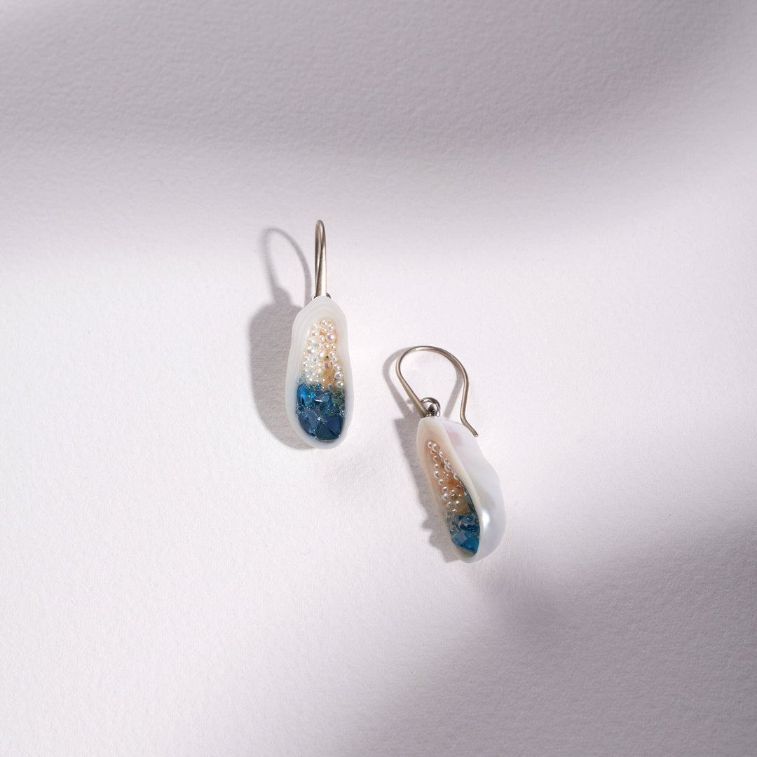 Freshwater Soufflé Pearl Geode Earrings with Blue Topaz & Seed Pearls - little h jewelry - A