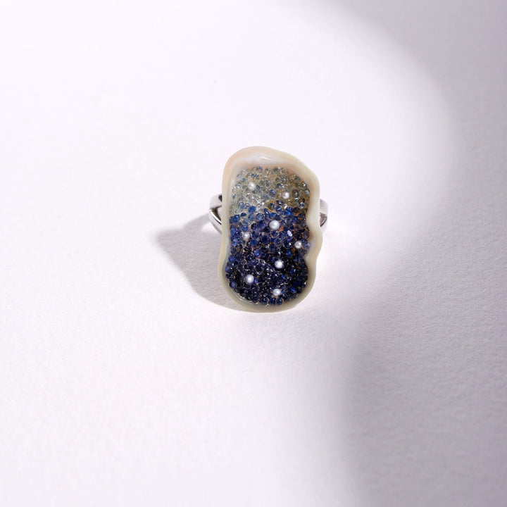 Freshwater Soufflé Pearl Geode Ring with Blue Sapphire Ombré Accented with Seed Pearls - little h jewelry - front view