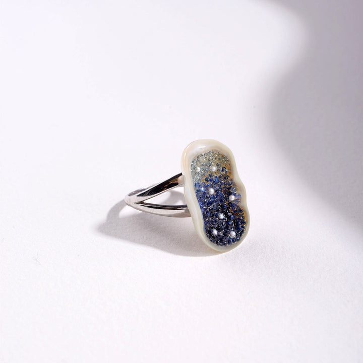 Freshwater Soufflé Pearl Geode Ring with Blue Sapphire Ombré Accented with Seed Pearls - little h jewelry - side view