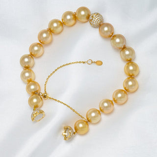 9.0-10.0 mm AAA Round Adjustable Golden South Sea Pearl and Diamond Bracelet, view 2