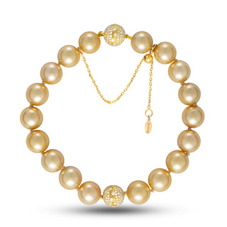 9.0-10.0 mm AAA Round Adjustable Golden South Sea Pearl and Diamond Bracelet
