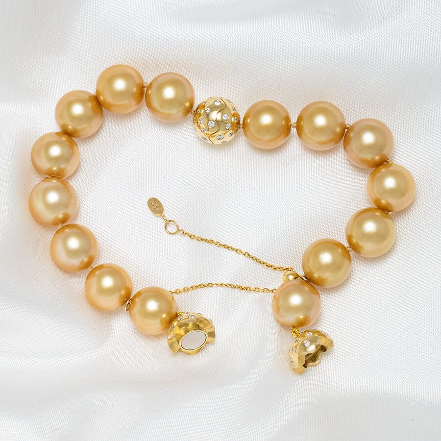11.0-12.0 mm AAA Round Adjustable Golden South Sea Pearl and Diamond Bracelet, view 2