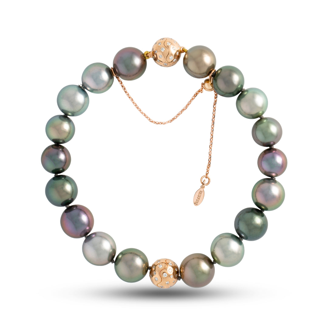 9.0-11.0 mm AAA Multicolor Round Adjustable Tahitian Pearl and Diamond Bracelet