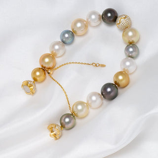 10.0-12.0 mm AAA Multicolor Round Adjustable South Sea and Tahitian Pearl and Diamond Bracelet, view 2