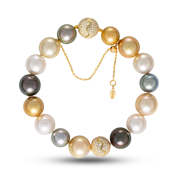 10.0-12.0 mm AAA Multicolor Round Adjustable South Sea and Tahitian Pearl and Diamond Bracelet