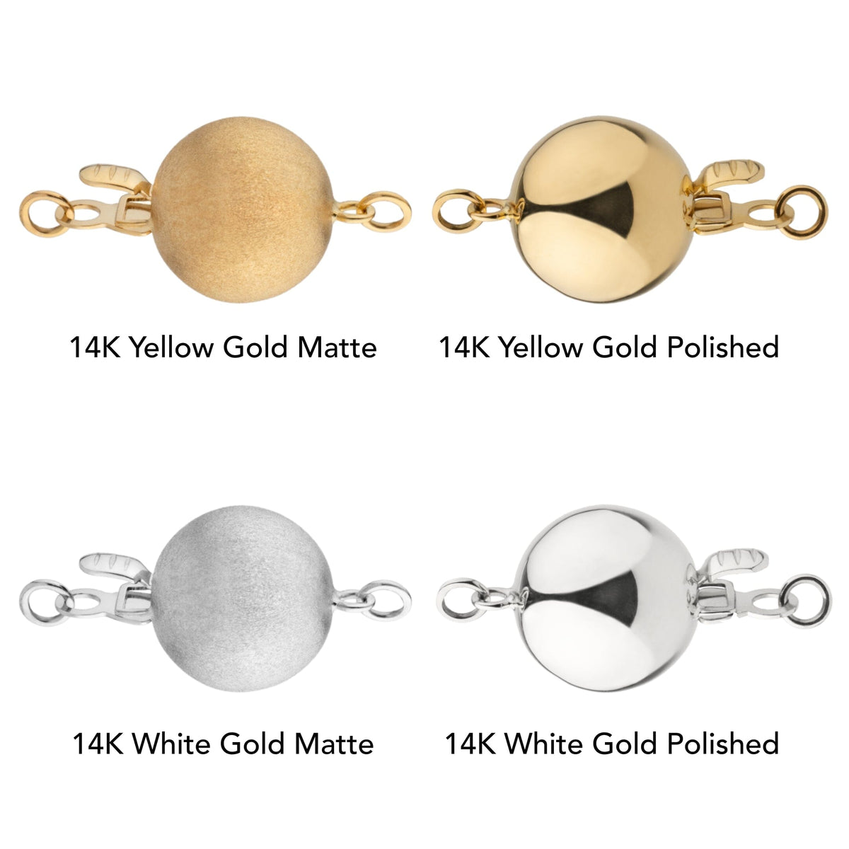 Close-up comparison of matte and polished 14K yellow gold and white gold clasps suitable for the 8.0-8.5 mm 18 inch White Hanadama Akoya Pearl Necklace.