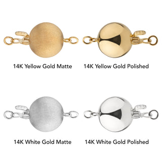 Four types of round gold clasps for jewelry, including 14K yellow gold matte, yellow gold polished, white gold matte, and white gold polished finishes, for the 7.0-7.5 mm White Hanadama Akoya Pearl Necklace.