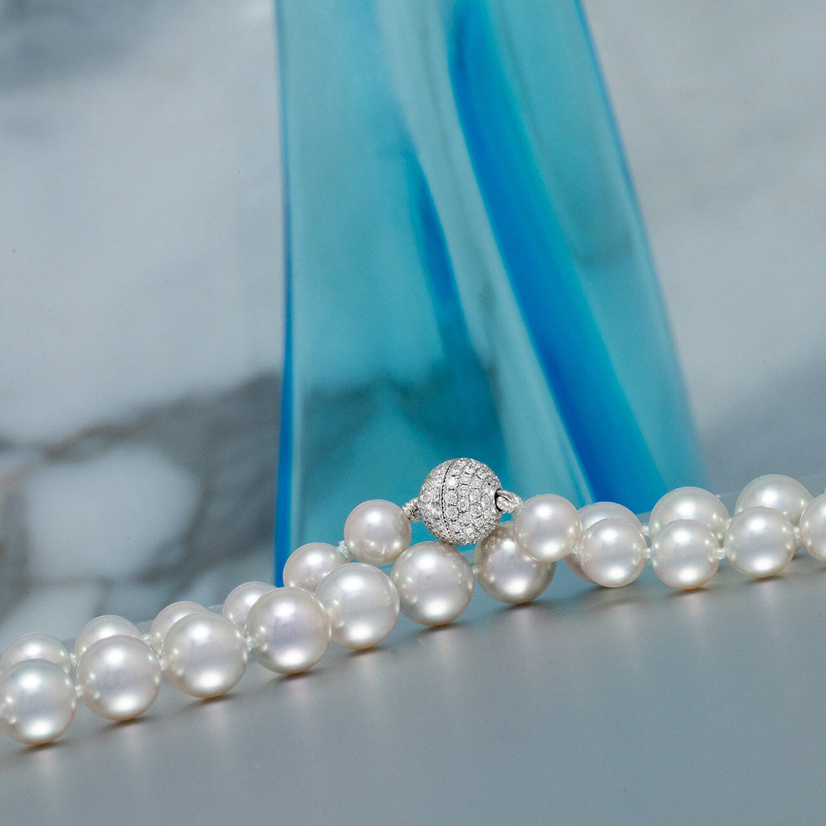 Assael Collection: 7.0-9.0 mm Japanese Blue Akoya Pearl Necklace with Diamond Ball Clasp, 18K White Gold
