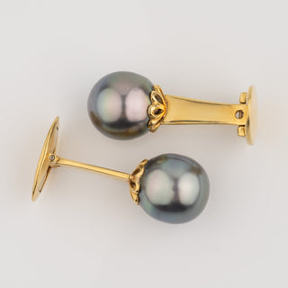 Assael Collection: 12.0 x 12.4 mm Tahitian Pearl Cufflinks featuring lustrous dark Tahitian pearls set on elegant gold hardware, perfect for sophisticated formal wear.