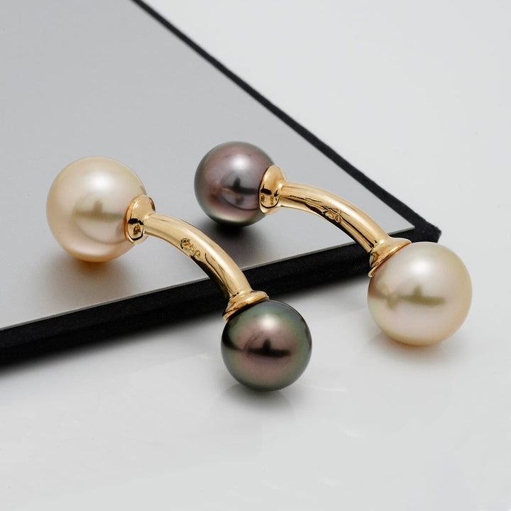 Assael Collection: 9.0–11.4 mm Tahitian and Gold South Sea Cufflinks featuring elegant black and white pearls set on polished gold for a refined, timeless accessory.