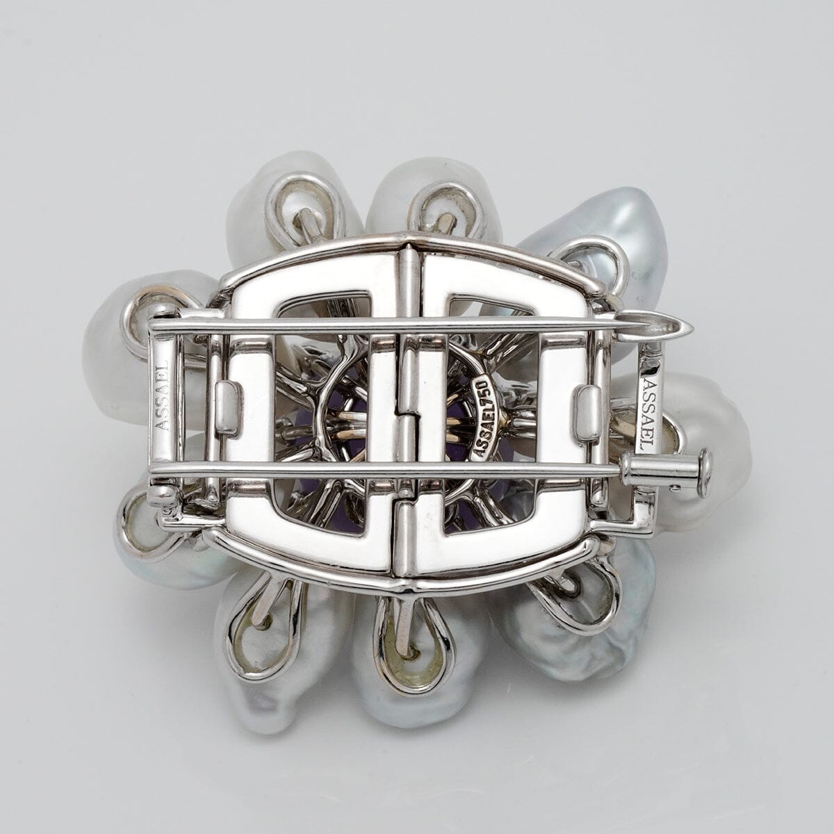 Back view of the Assael Collection: South Sea Keshi Pearl, Jade & Diamond Brooch showcasing intricate metal craftsmanship and secure clasp with visible brand engraving.