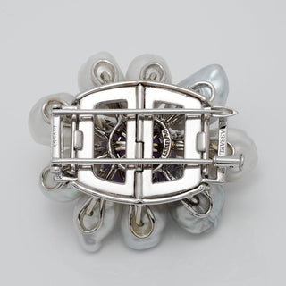 Back view of the Assael Collection: South Sea Keshi Pearl, Jade & Diamond Brooch showcasing intricate metal craftsmanship and secure clasp with visible brand engraving.