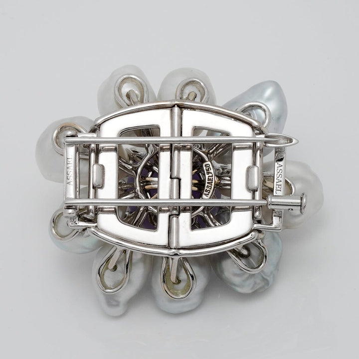 Back view of the Assael Collection: South Sea Keshi Pearl, Jade & Diamond Brooch showcasing intricate metal craftsmanship and secure clasp with visible brand engraving.