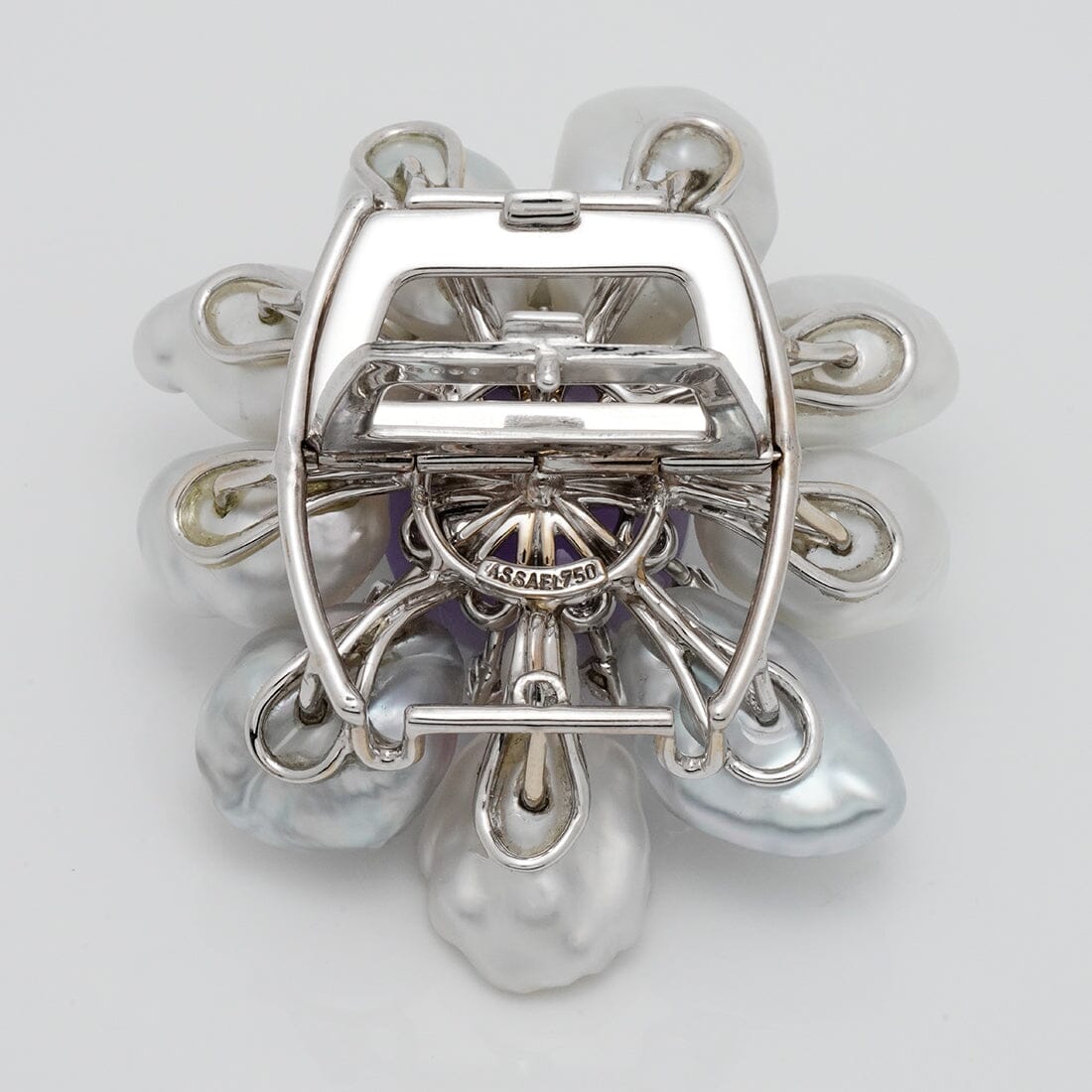 Back view of the Assael Collection: South Sea Keshi Pearl, Jade & Diamond Brooch showcasing the intricate 14K white gold clasp and mounting with visible pearl accents.