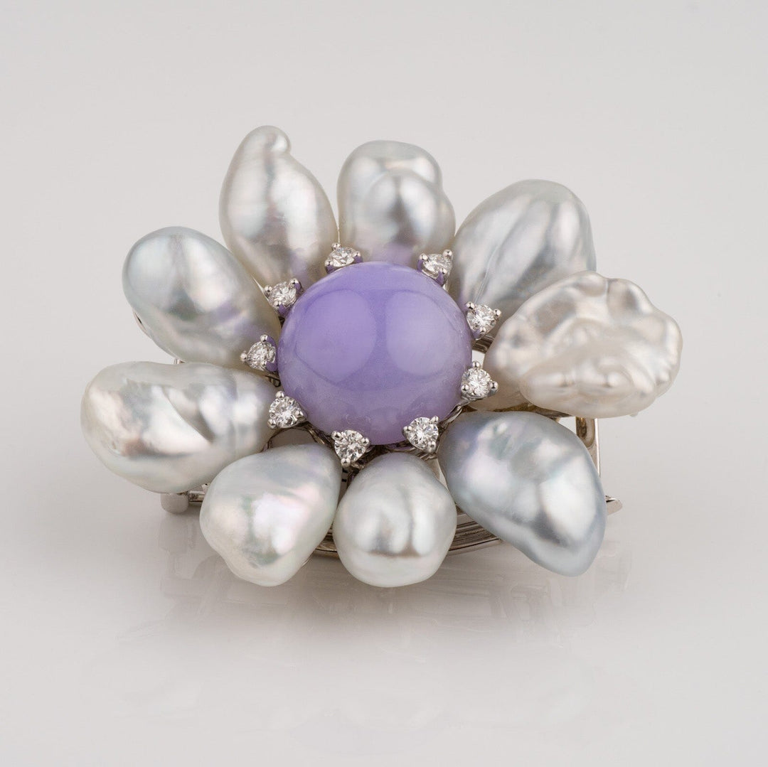 Assael Collection: South Sea Keshi Pearl, Jade & Diamond Brooch