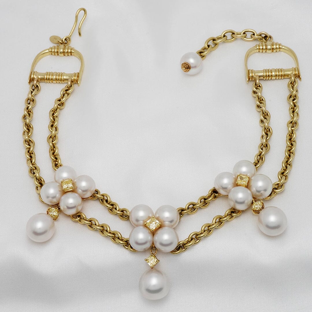 16 gem-quality white South Sea pearls · adjustable collar (12–13 inches) · 18K yellow gold · yellow diamonds (6 diamonds, 2.92 ctw)
