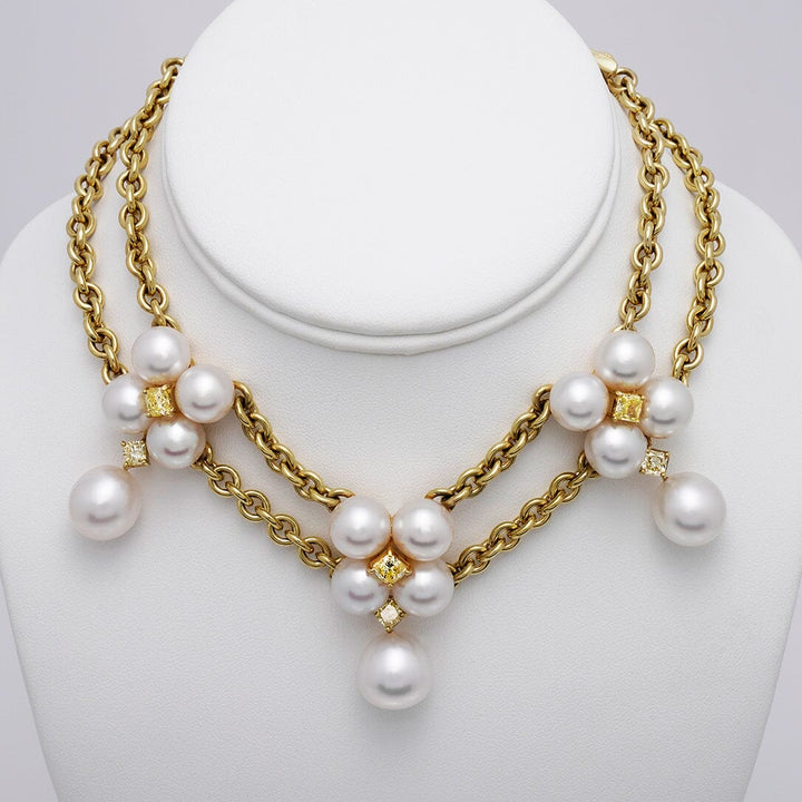 13.9–15.3 mm White South Sea Pearl and Yellow Diamond Collar Necklace