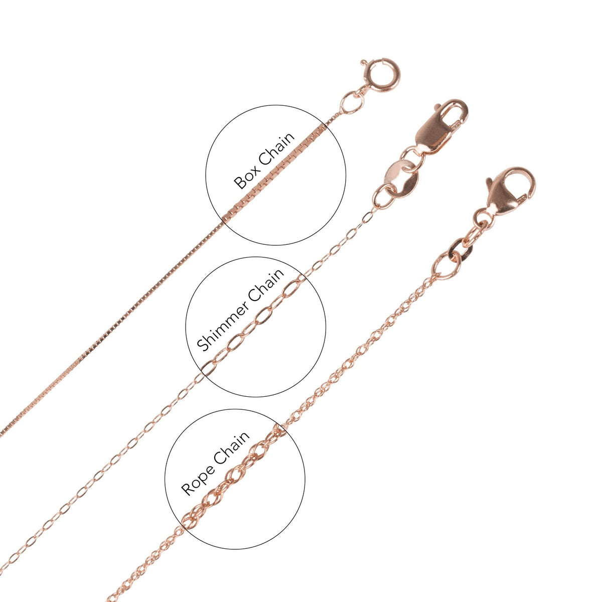 Three rose gold chain options for Juliet Collection 10.0-11.0 mm White Freshadama Pearl and Diamond Pendant including box chain, shimmer chain, and rope chain with lobster clasps.