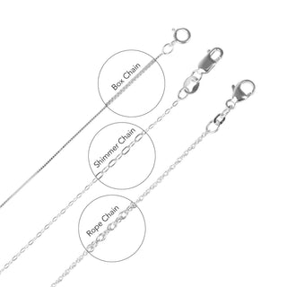 Three styles of 14K white gold necklace chains labeled Box Chain, Shimmer Chain, and Rope Chain, suitable for the Juliet Collection 10.0-11.0 mm White Freshadama Pearl and Diamond Pendant.