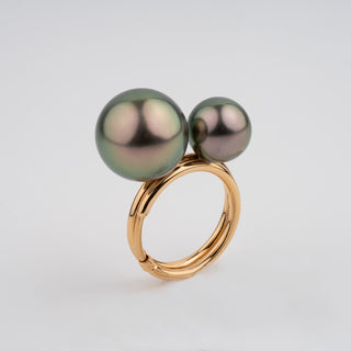 Assael Collection: 10.1 and 14.2 mm Tahitian Pearl Ring featuring two lustrous dark Tahitian pearls set on a polished gold band, highlighting cultured pearl elegance.