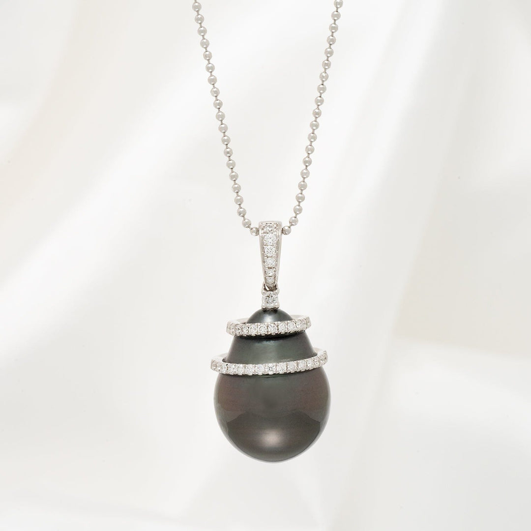 14.0-15.0 mm Tahitian Drop Pearl and Diamond Banded Pendant
