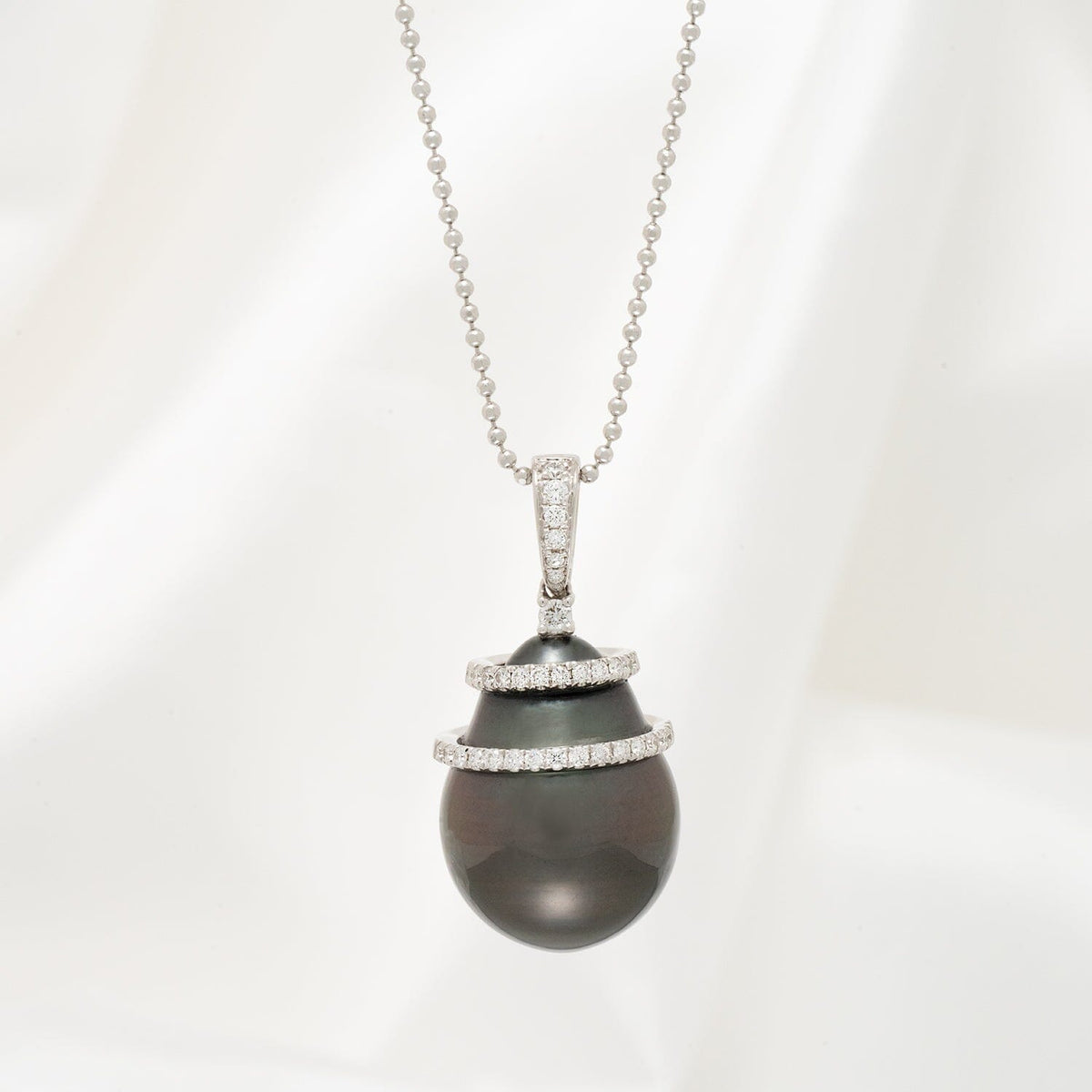 14.0-15.0 mm Tahitian Drop Pearl and Diamond Banded Pendant